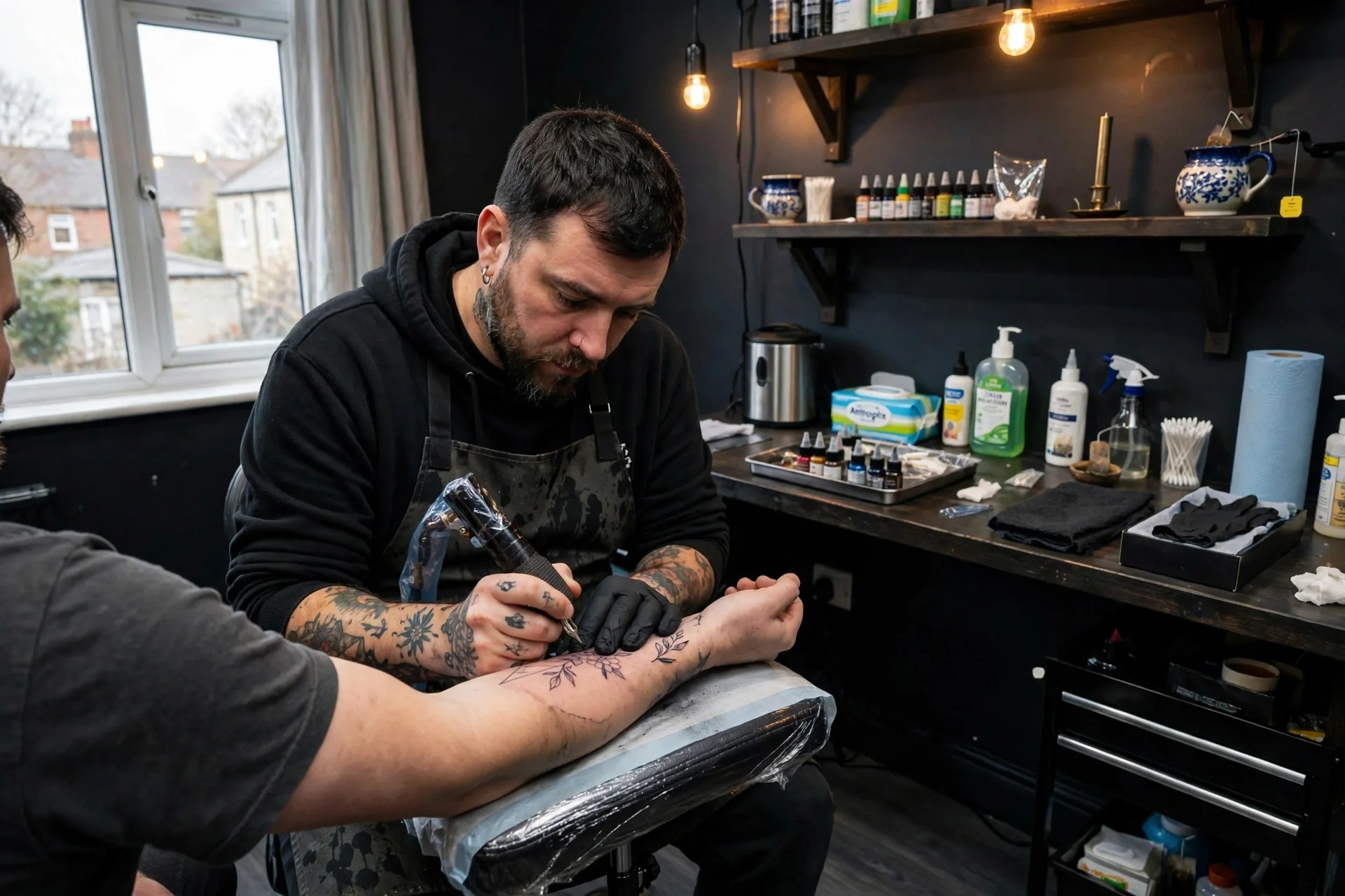 Andy tattooing client in his High Lane Stoke studio